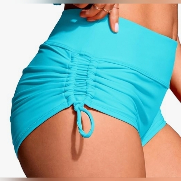 130.🆕XS CRZ YOGA High Waisted Turquoise Adjustable Ruched Side Swim Shorts - Picture 4 of 8